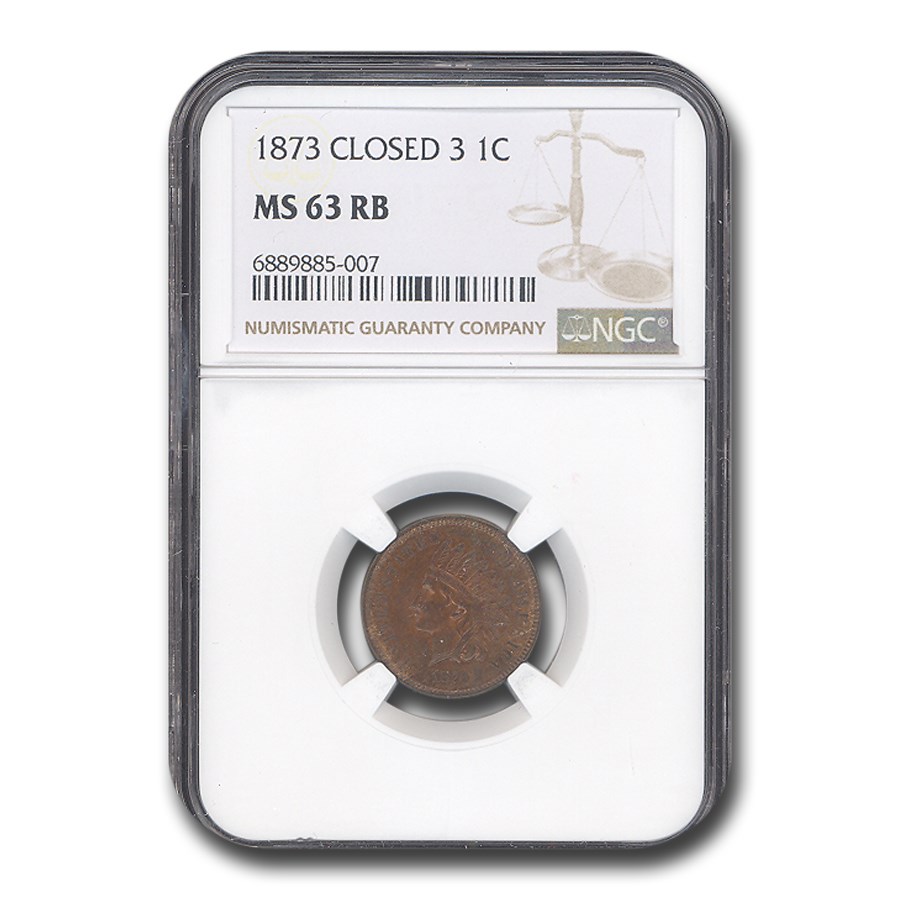 1873 Indian Head Cent Closed 3 MS-63 NGC (Red/Brown)