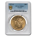 1873-S $20 Liberty Gold Double Eagle Closed 3 MS-61 PCGS