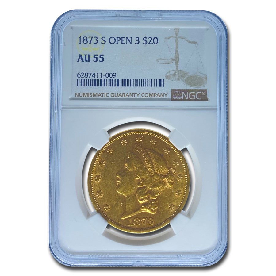 1873-S $20 Liberty Gold Double Eagle Open 3 AU-55 NGC