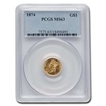 1874 $1 Indian Head Gold MS-63 PCGS