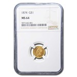 1874 $1 Indian Head Gold MS-64 NGC