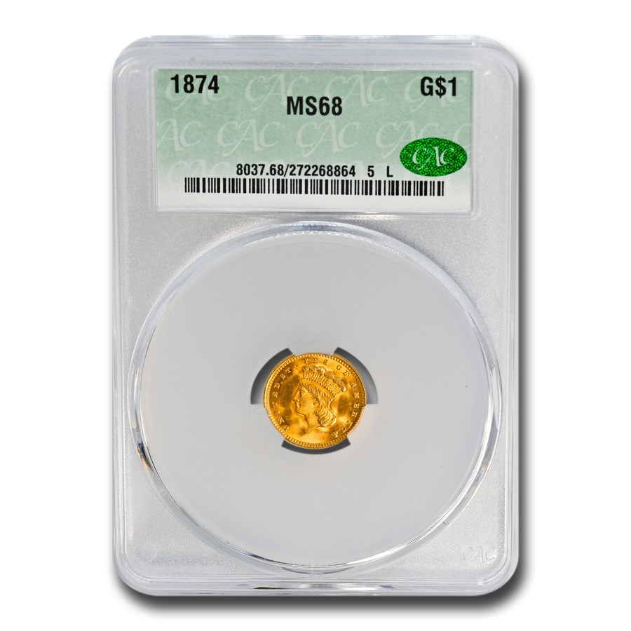 1874 $1 Liberty Head Gold MS-68 CACG