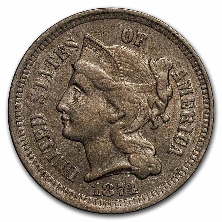 1874 3 Cent Nickel AU