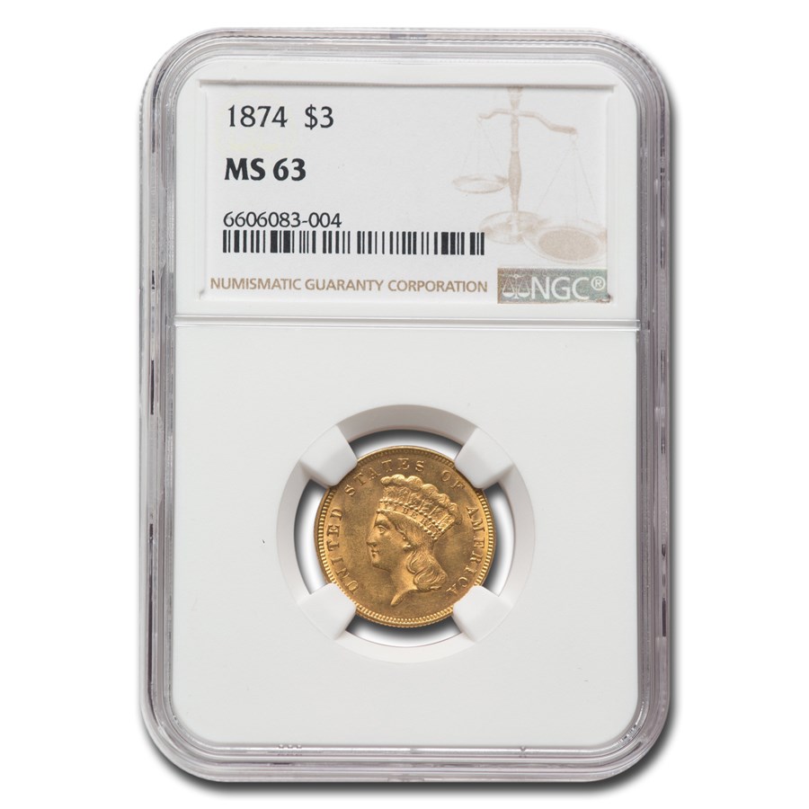 1874 $3 Gold Princess MS-63 NGC