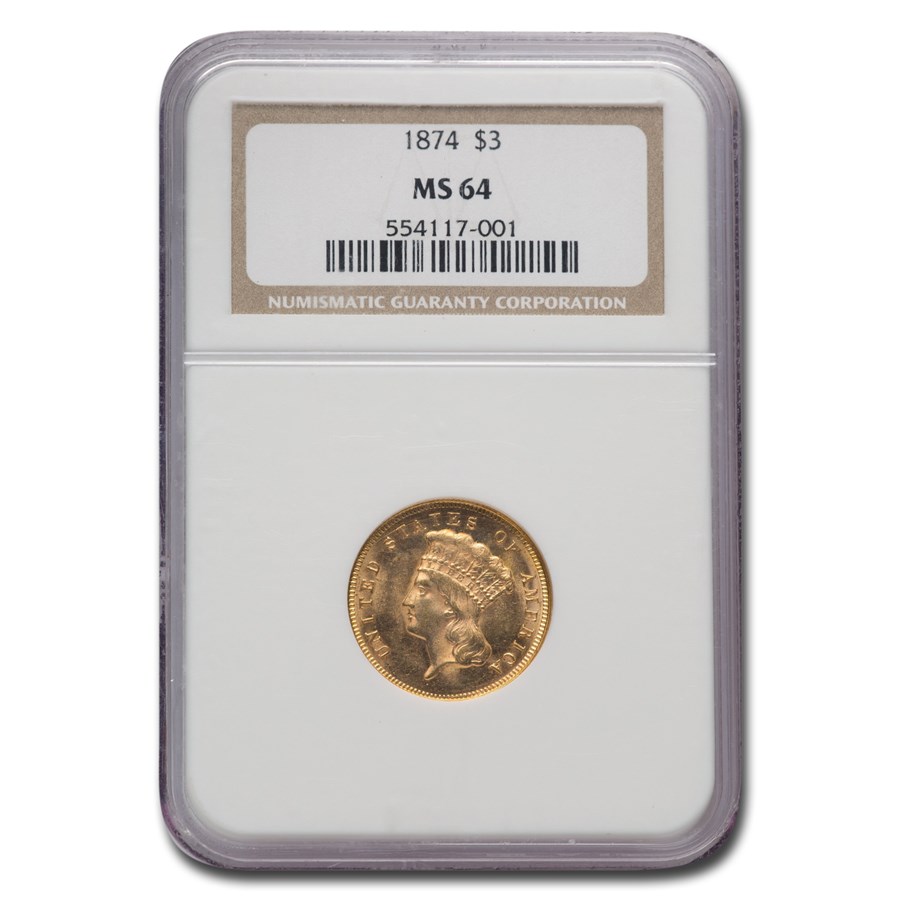 1874 $3 Gold Princess MS-64 NGC