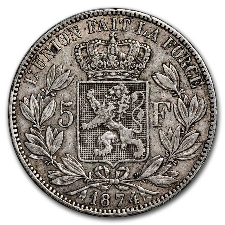 1874 Belgium Silver 5 Francs Leopold II XF