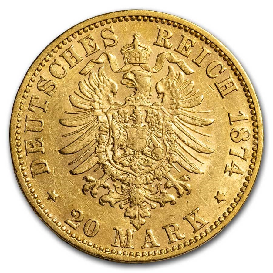 1874-D German Empire Bavaria Gold 20 Marks Louis II BU
