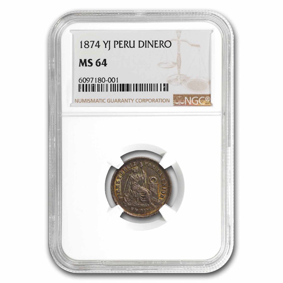 1874-YJ Peru Silver Dinero MS-64 NGC (Toned)