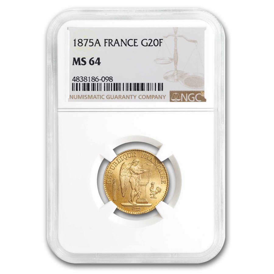 1875-A France Gold 20 Francs Angel MS-64 NGC