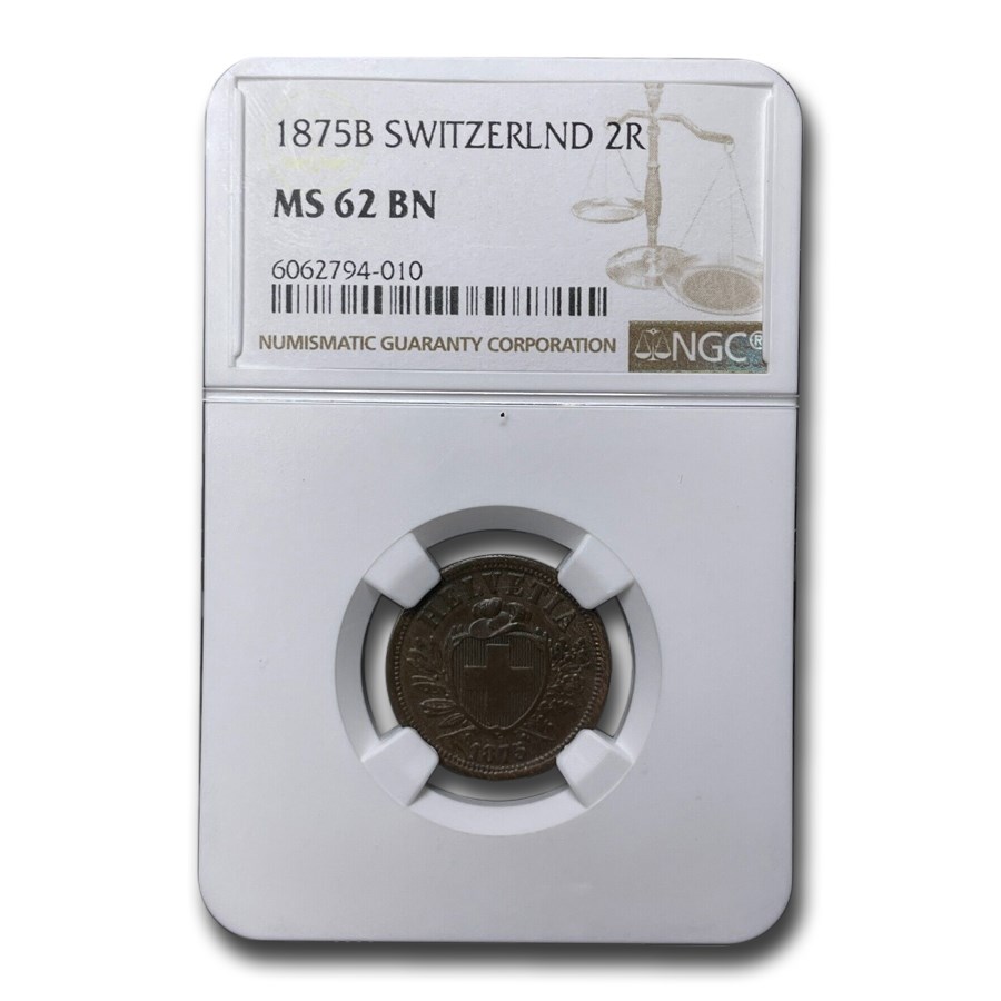 1875-B Switzerland 2 Rappen MS-62 NGC (Brown)