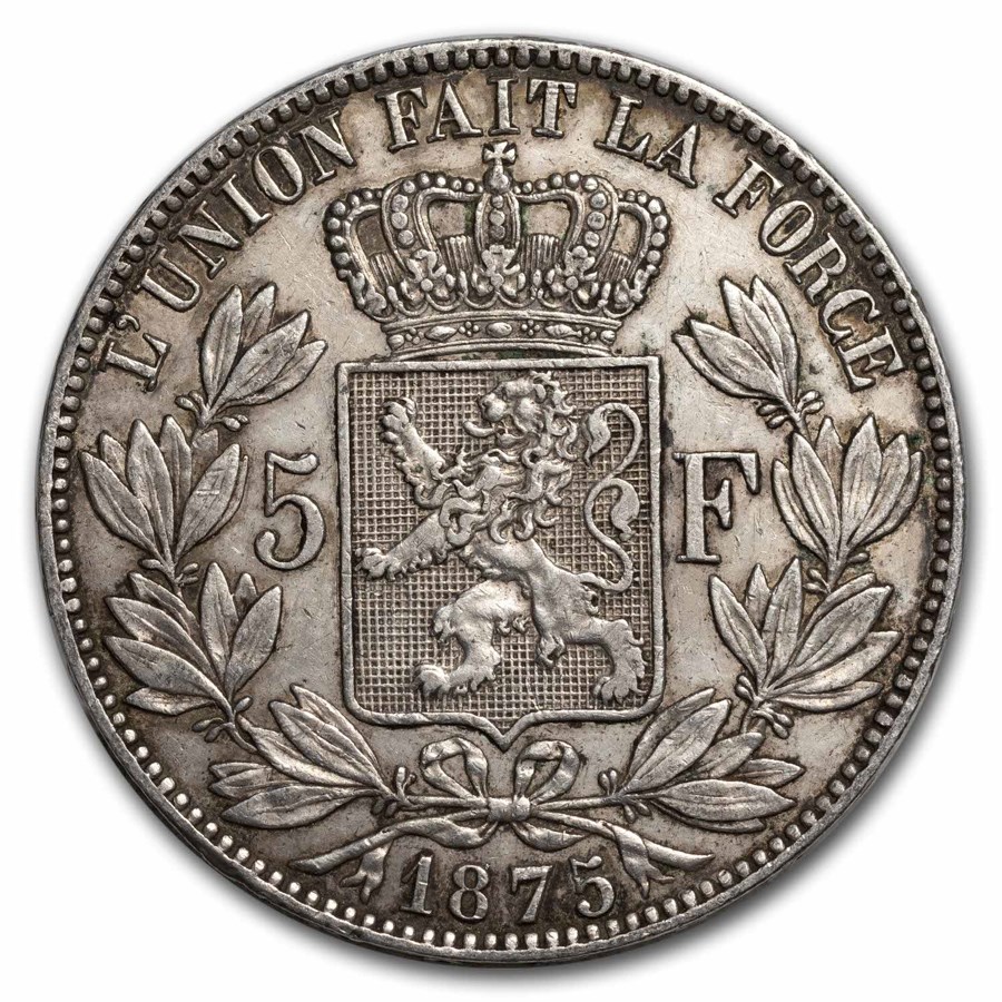 1875 Belgium Silver 5 Francs Leopold II XF