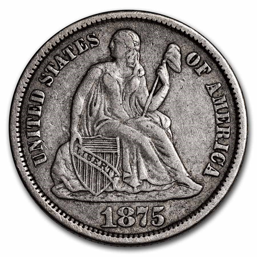 1875-CC Liberty Seated Dime CC Above Bow XF