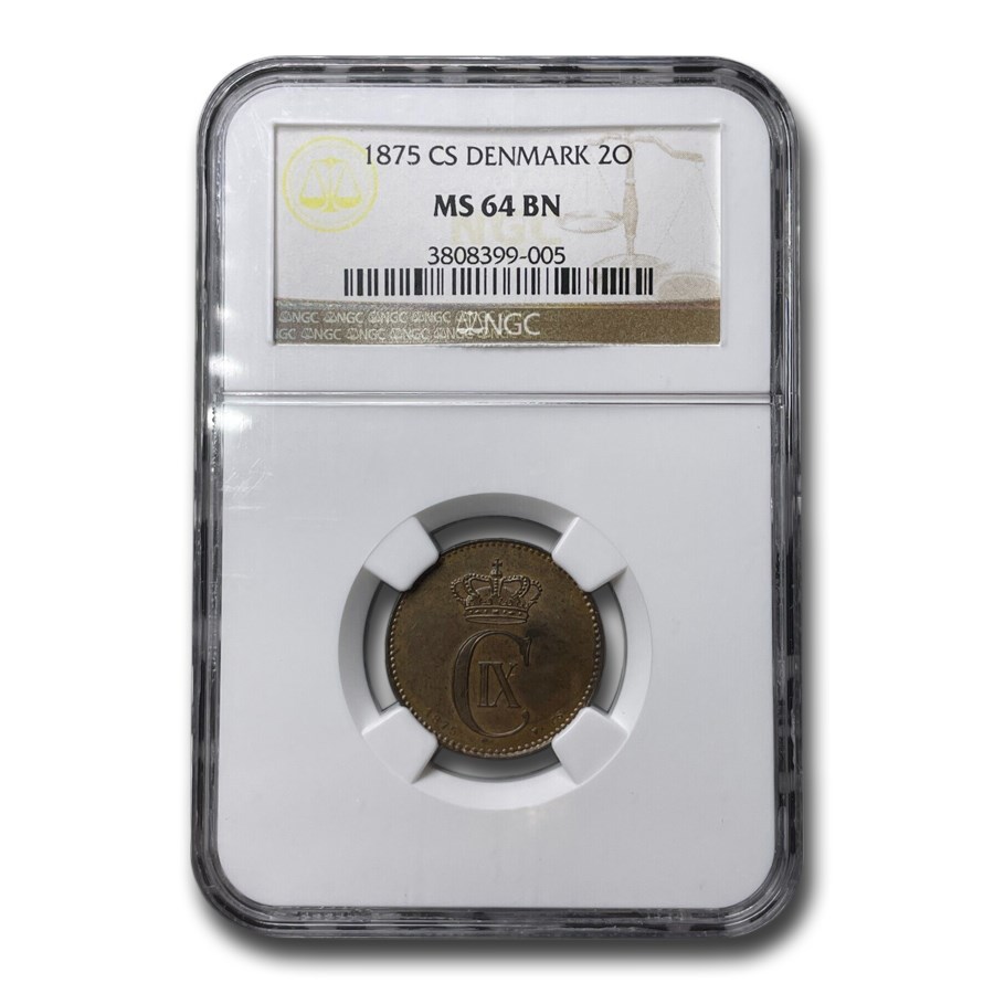 1875 Denmark 2 Ore MS-64 NGC (Brown)