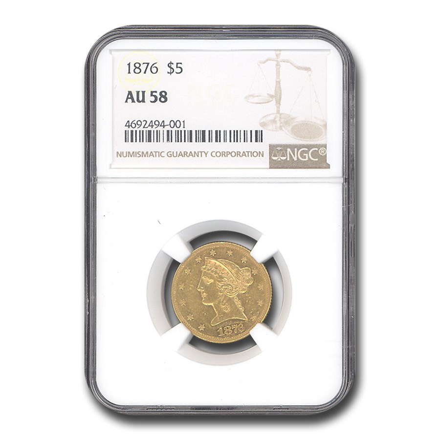 1876 $5 Liberty Gold Half Eagle AU-58 NGC