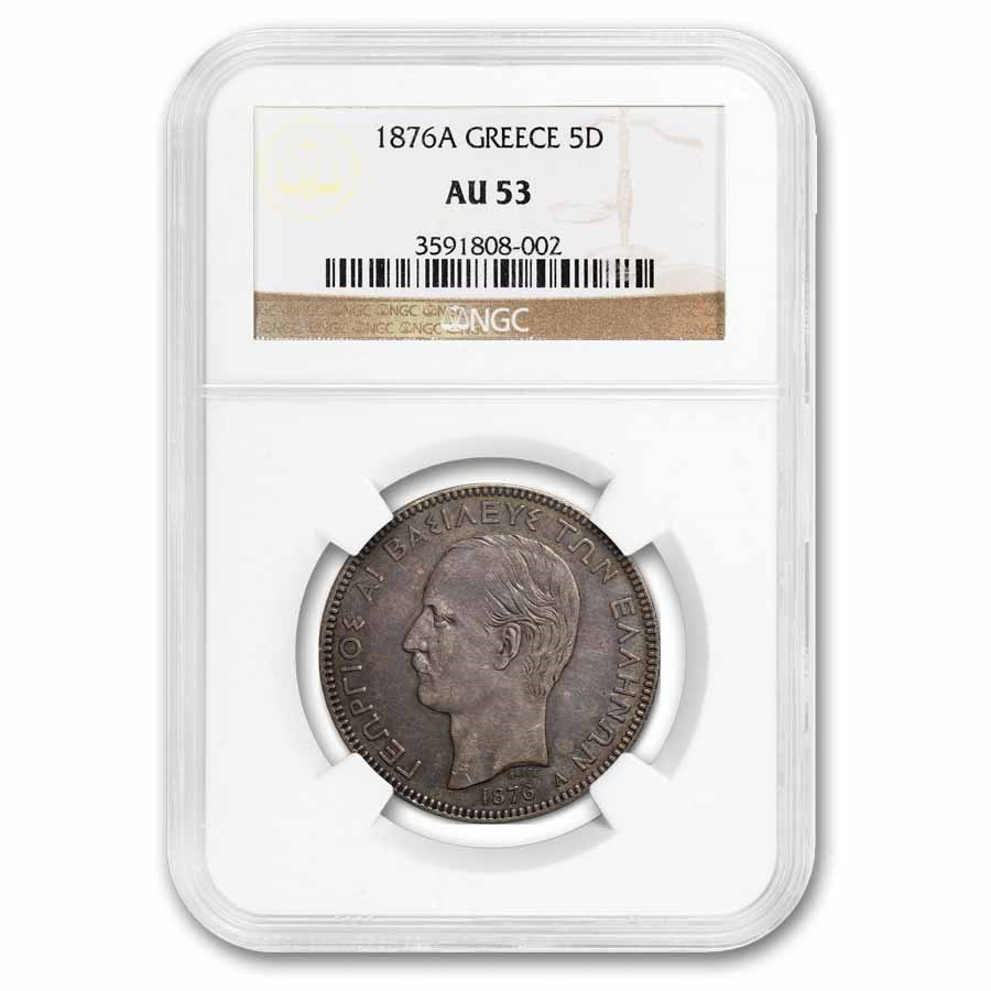 1876-A Greece Silver 5 Drachmai George I AU-53 NGC