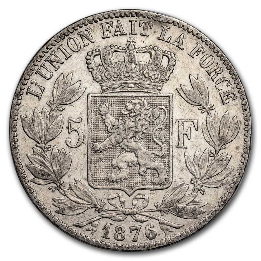 1876 Belgium Silver 5 Francs Leopold II XF