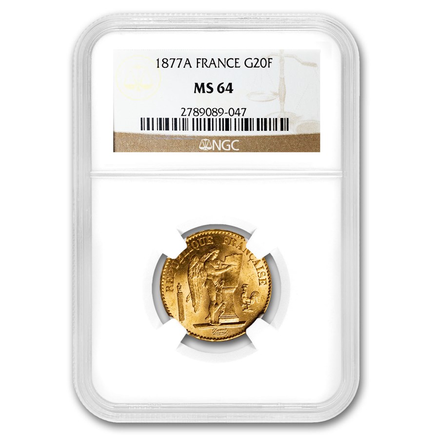 1877-A France Gold 20 Francs Angel MS-64 NGC