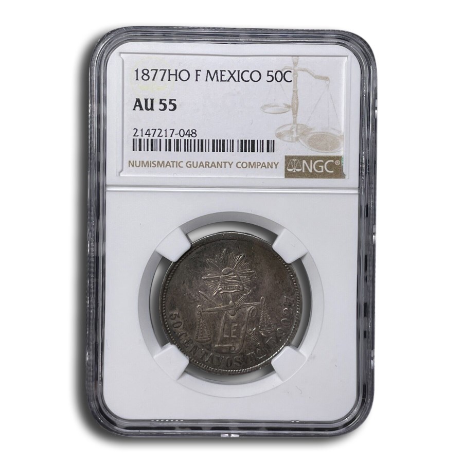 1877-Ho Mexico Silver 50 Centavos AU-55 NGC