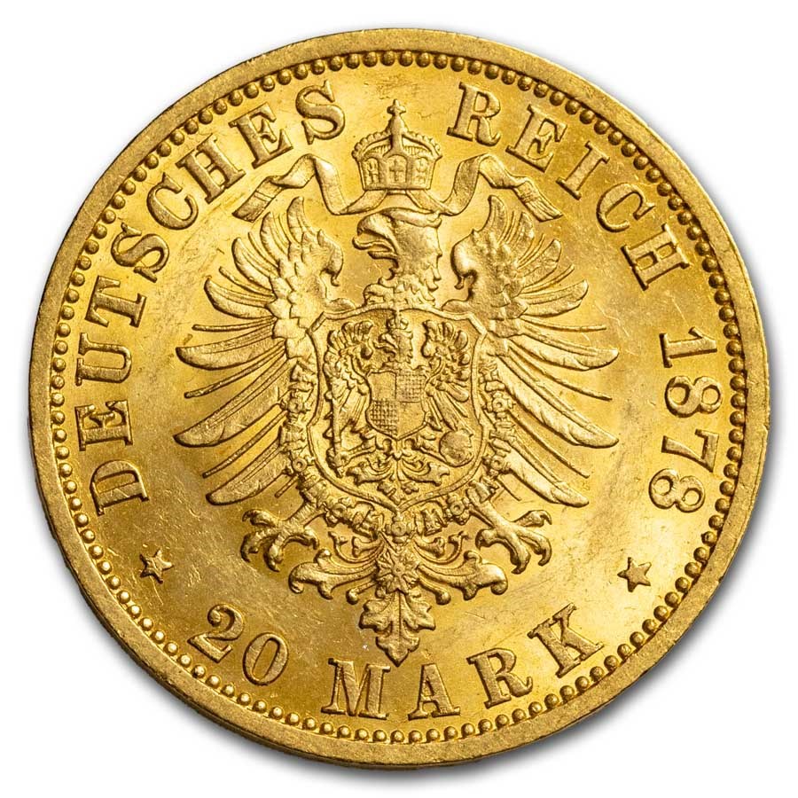 1878-J Germany Free City of Hamburg Gold 20 Mark BU