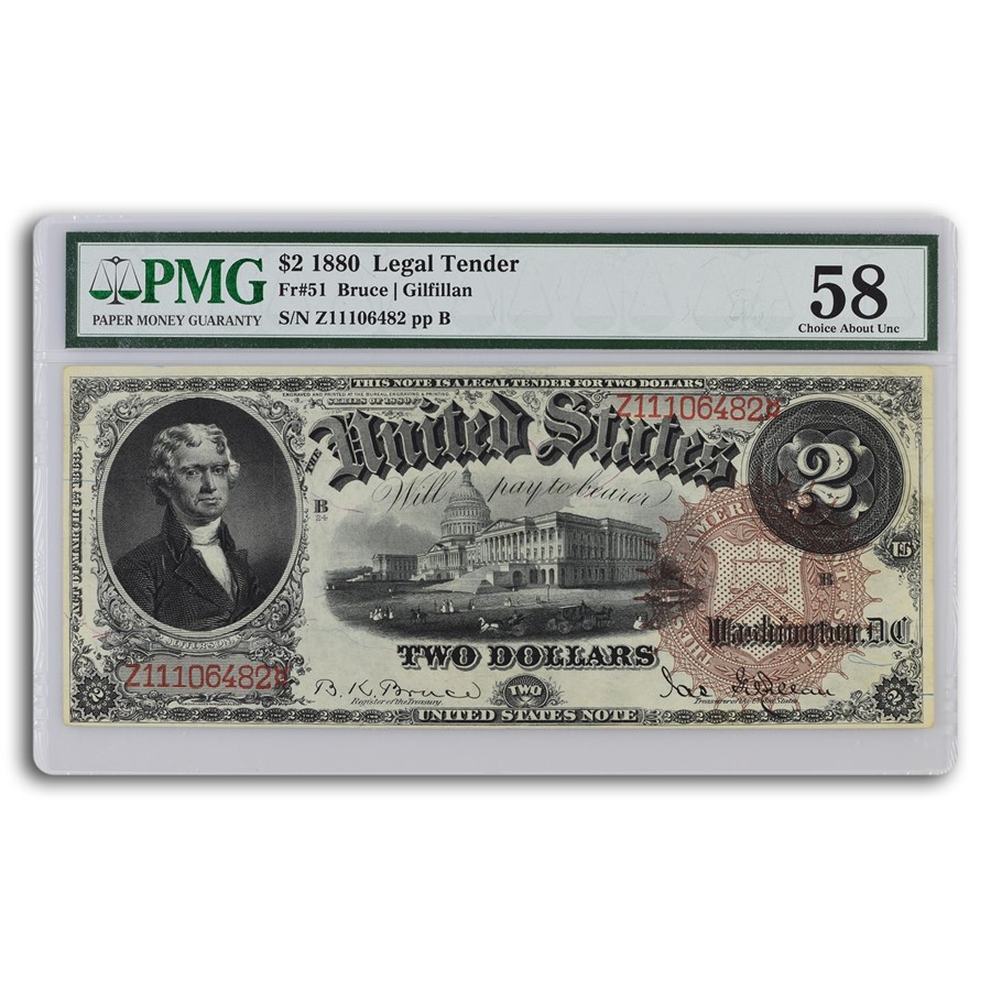 1880 $2.00 Legal Tender Jefferson AU-58 PMG (Fr#51)