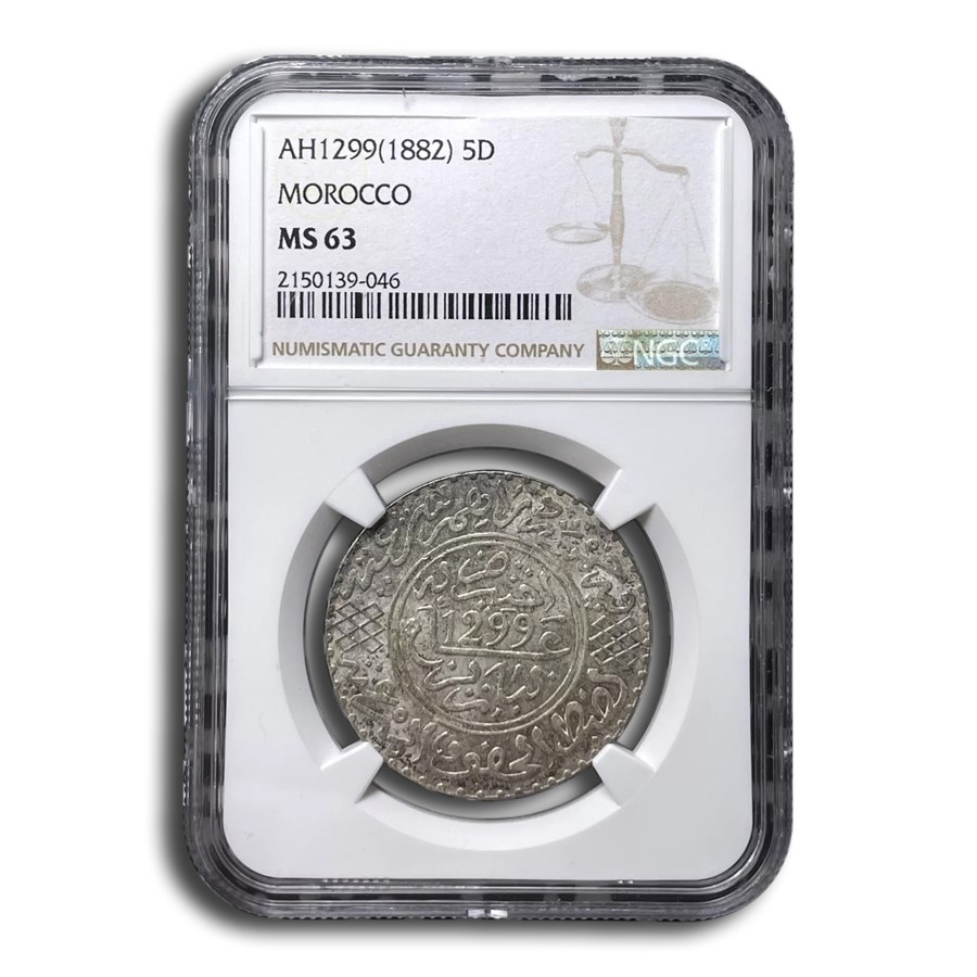 1882 Morocco Silver 5 Dirhams MS-63 NGC