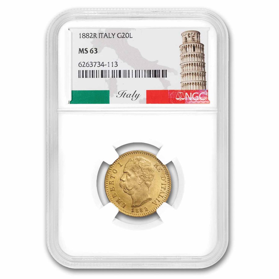 1882-R Italy Gold 20 Lire Umberto I MS-63 NGC