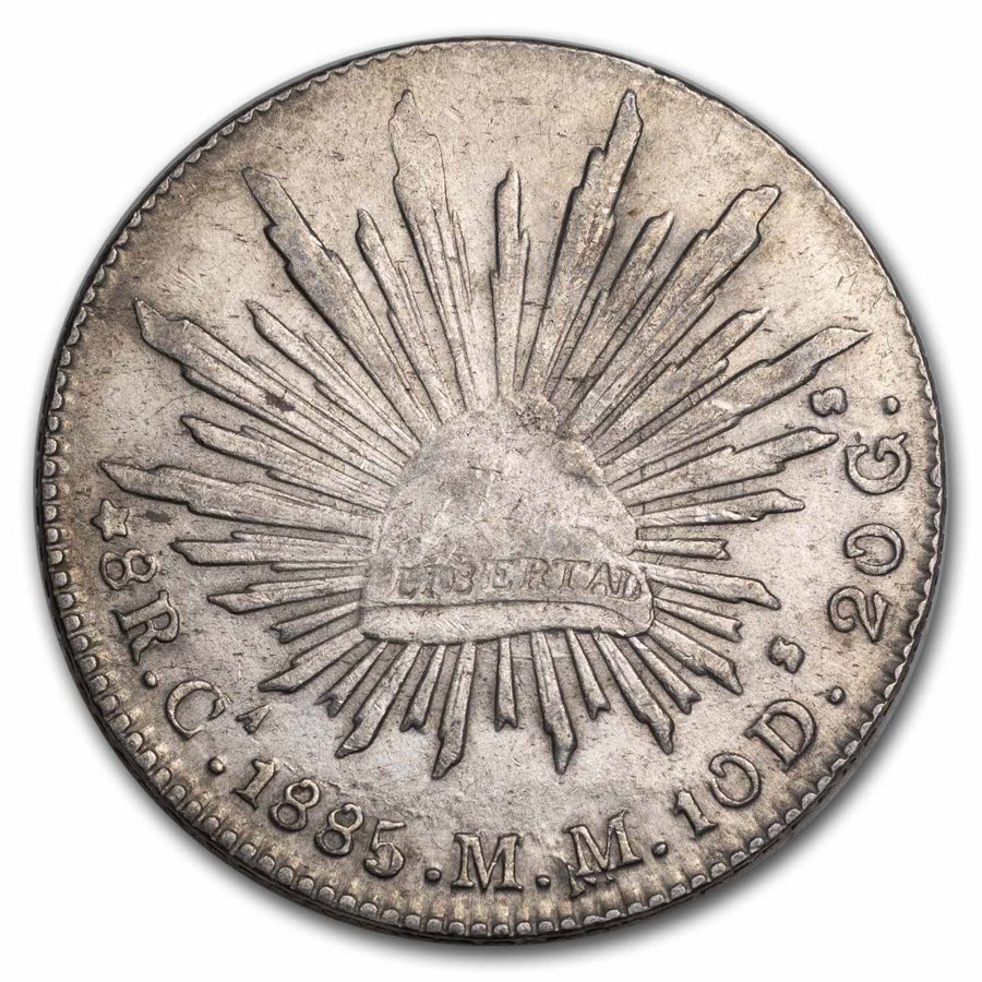 1885-Ca MM Mexico Silver 8 Reales Cap & Rays AU