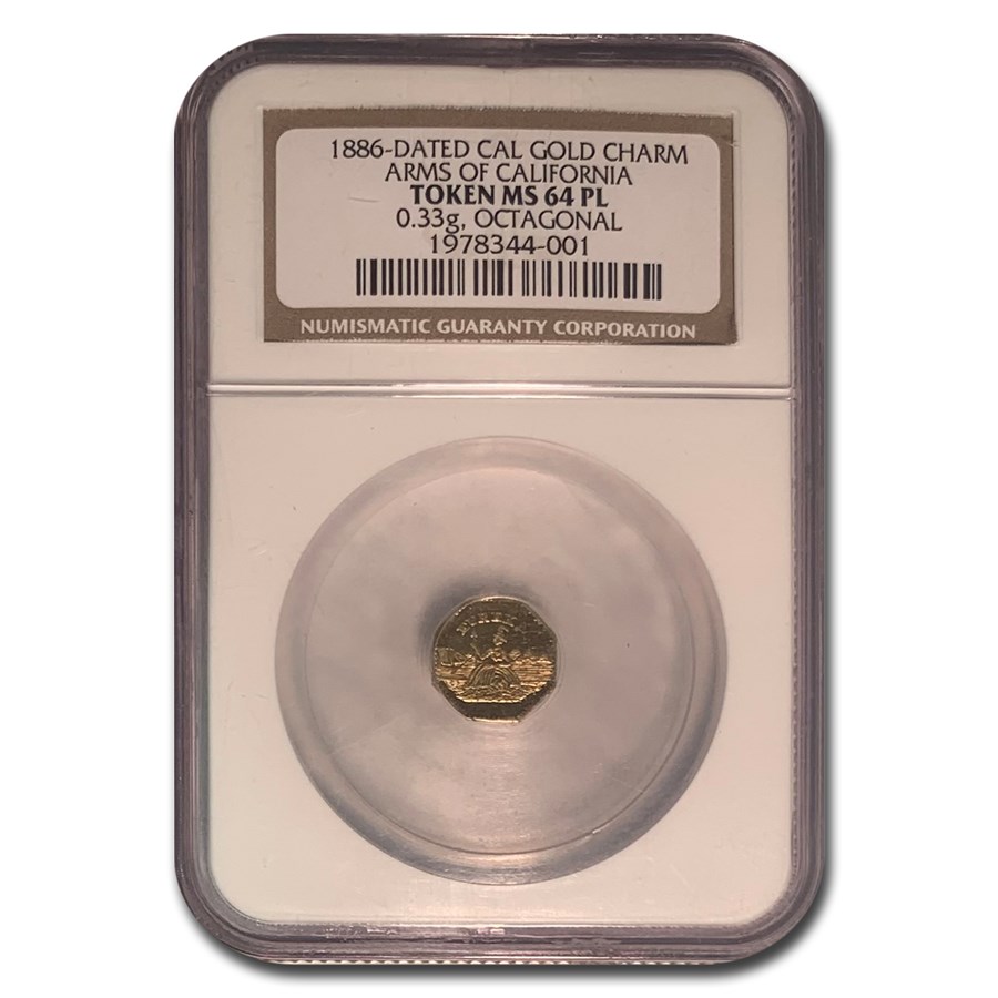 1886 Arms of California Fractional Gold Charm MS-64 PL NGC (.33G)