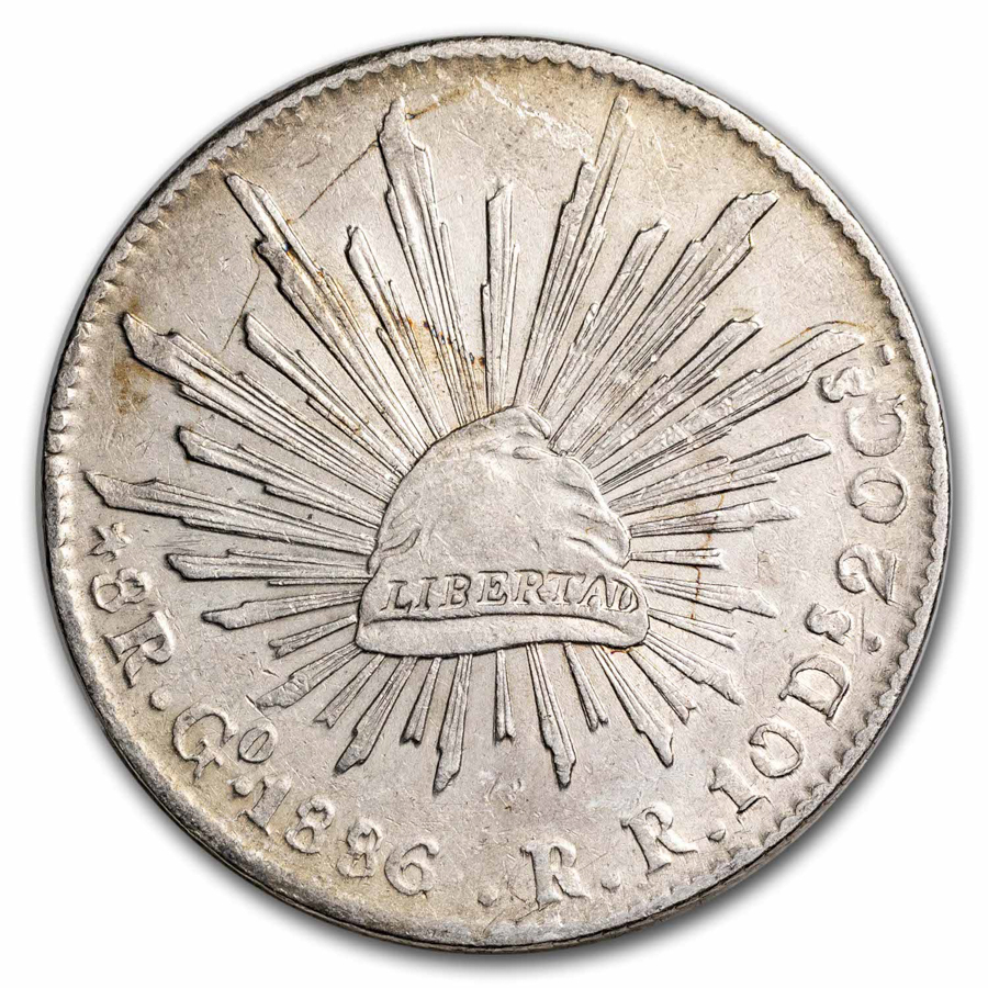 1886-Go RR Mexico Silver 8 Reales Cap & Rays BU