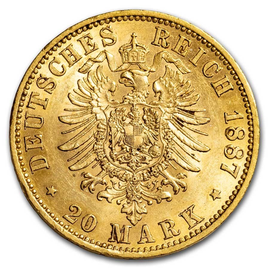 1887-A German Empire Prussia Gold 20 Marks Wilhelm I BU
