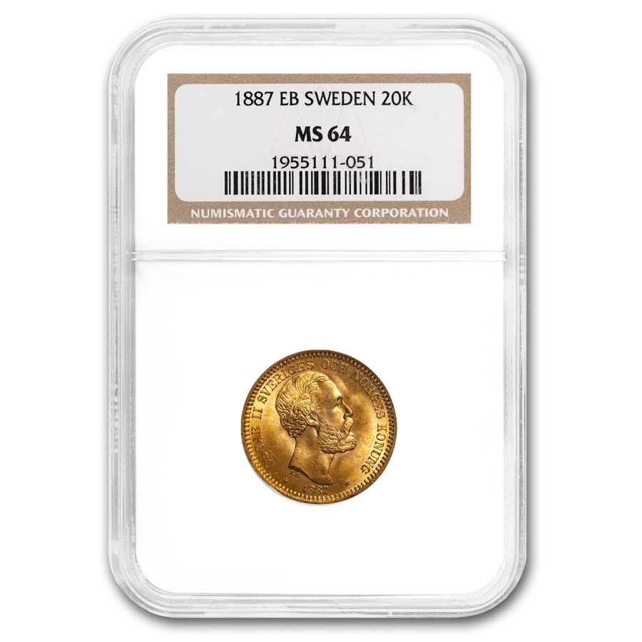 1887 EB Sweden Gold 20 Kronor Oscar II MS-64 NGC