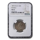 1889 Brazil Silver 500 Reis MS-62 NGC