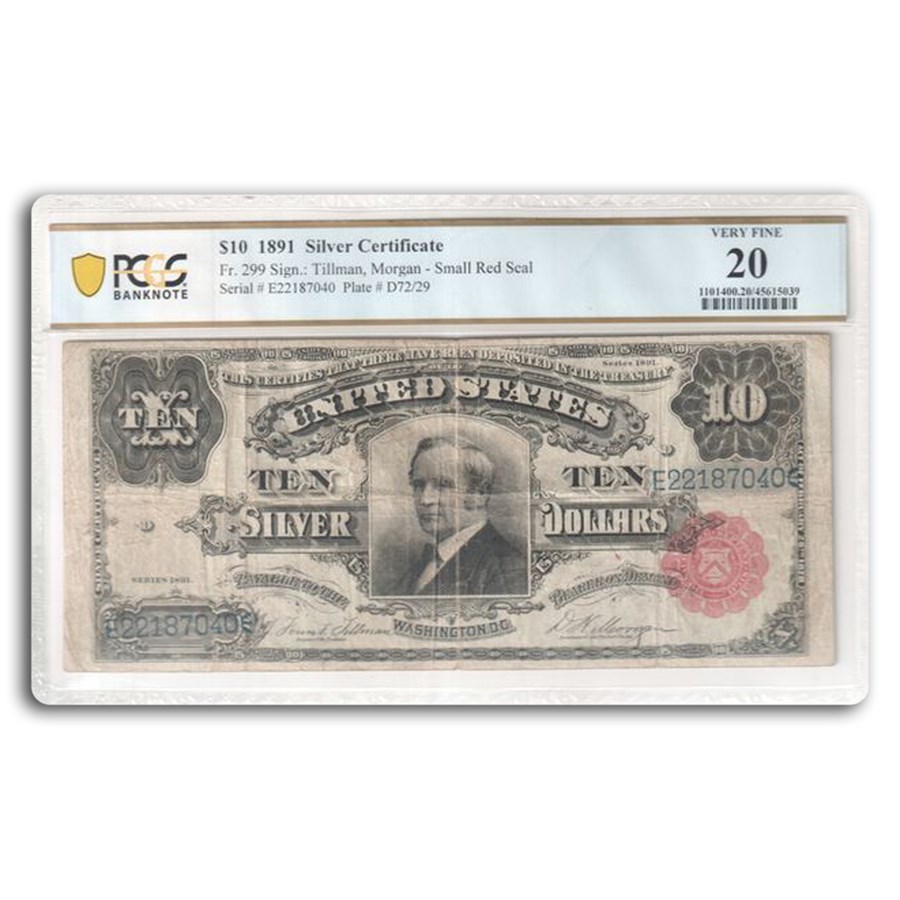 1891 $10 Silver Certificate Hendricks Tombstone F-20 PCGS(Fr#299)