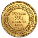 1891-1904 Tunisia Gold 20 Francs Average Circ
