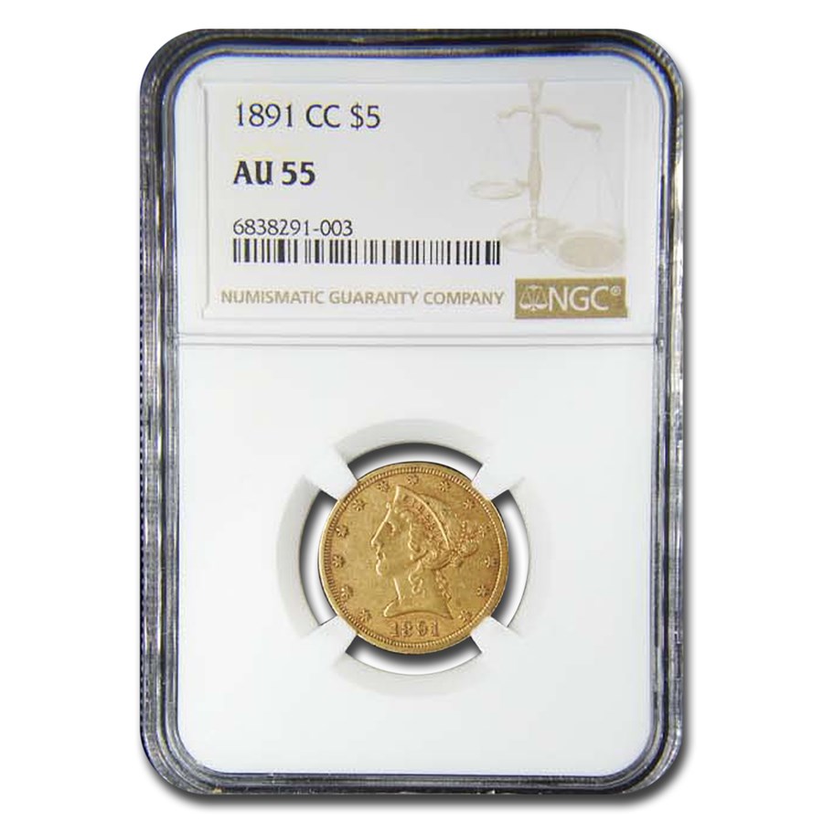 1891-CC $5 Liberty Gold Half Eagle AU-55 NGC