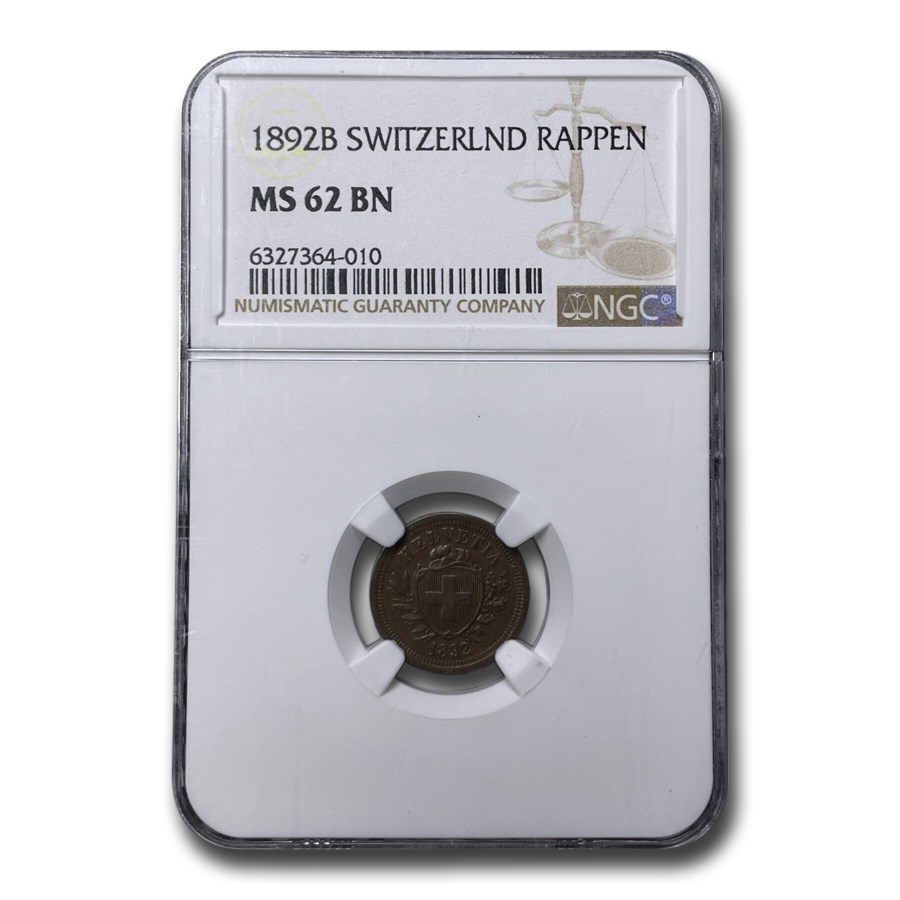 1892-B Switzerland Rappen MS-62 NGC (Brown)