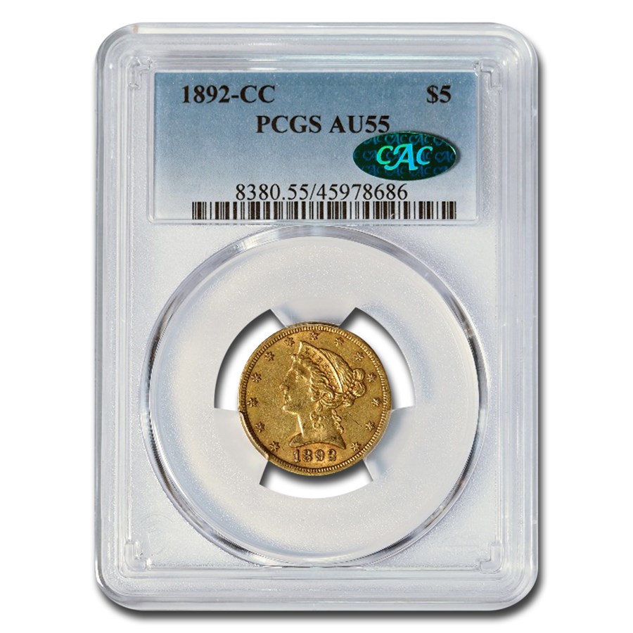 1892-CC $5 Liberty Gold Half Eagle AU-55 PCGS CAC