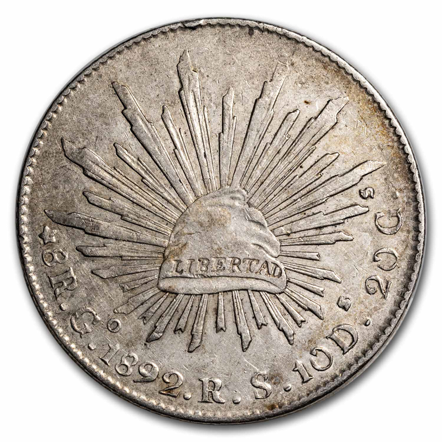 1892-Go RS Mexico Silver 8 Reales Cap & Rays AU