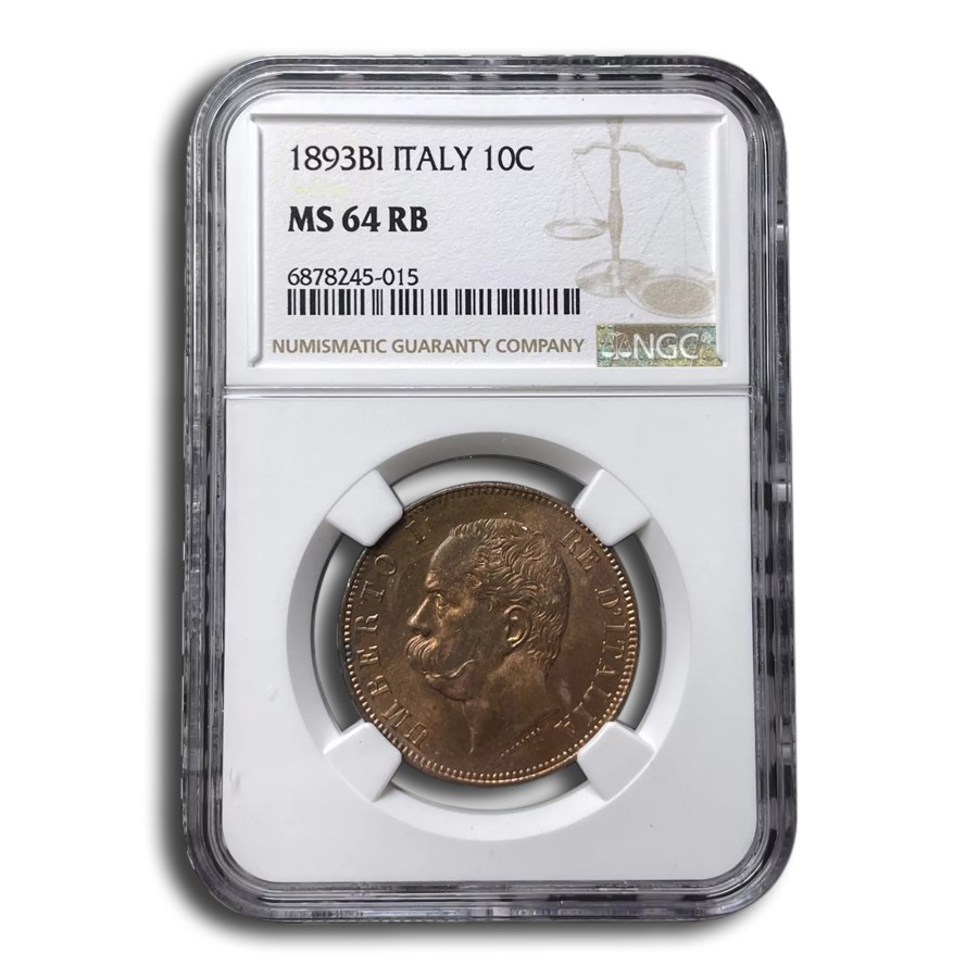 1893-BI Italy 10 Centesimi Umberto I MS-64 NGC (Red/Brown)