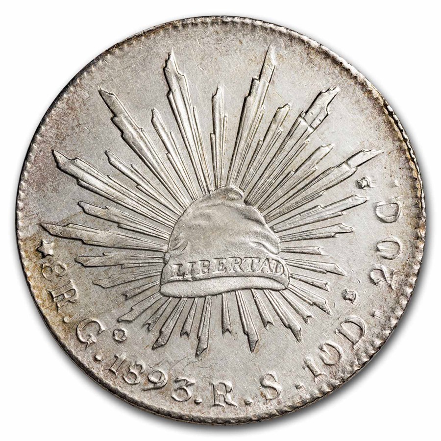 1893-Go RS Mexico Silver 8 Reales Cap & Rays BU