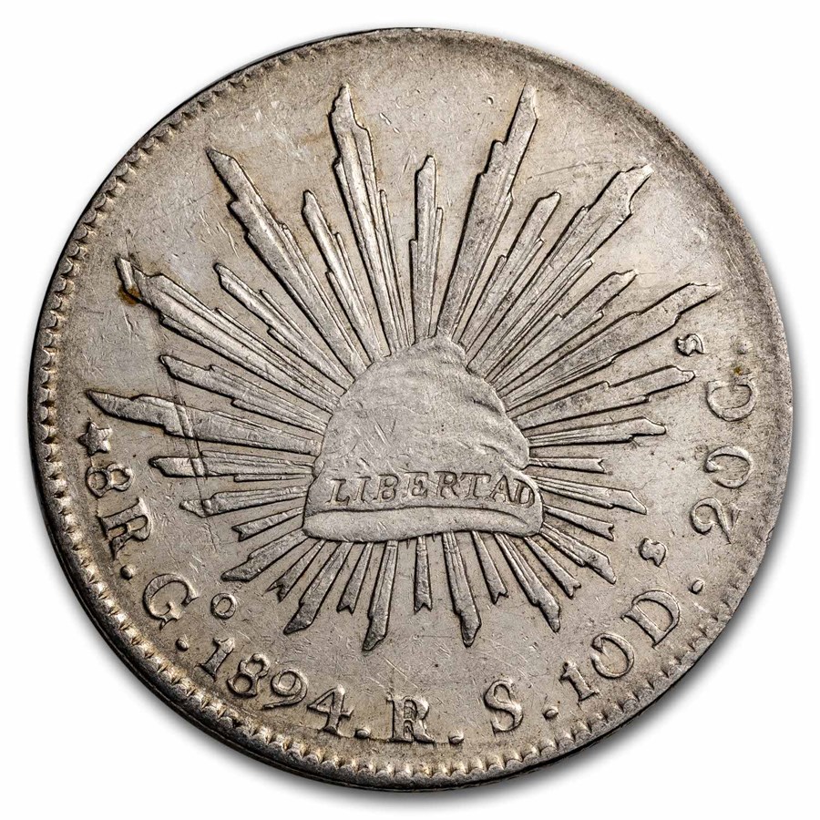 1894-Go RS Mexico Silver 8 Reales Cap & Rays AU