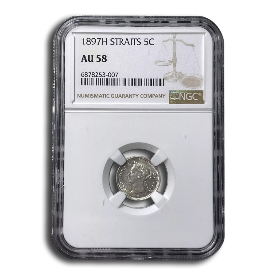 1897-H Straits Settlements Silver 5 Cents AU-58 NGC