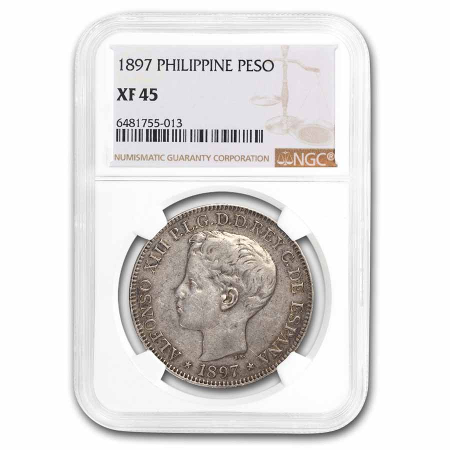 1897 Philippines Silver Peso Young Head XF-45 NGC