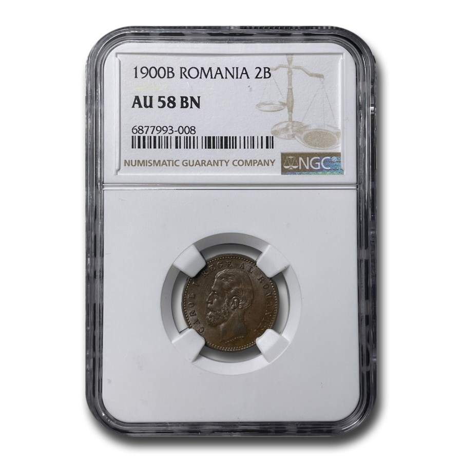 1900-B Romania 2 Bani Carol I AU-58 NGC (Brown)