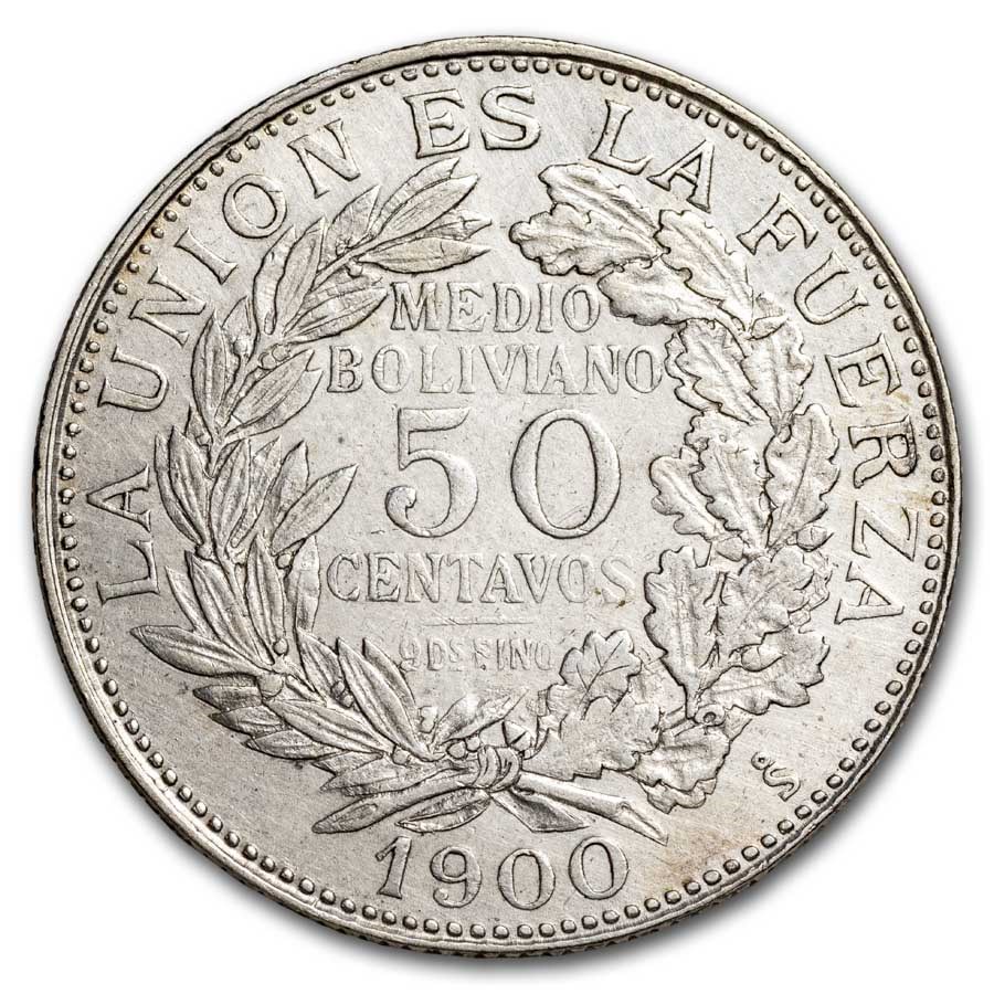 1900-So Bolivia Silver 50 Centavos Avg Circ