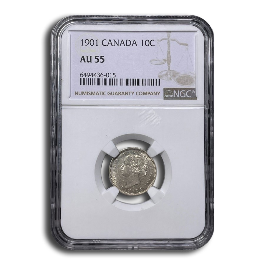 1901 Canada Silver 10 Cents Victoria AU-55 NGC