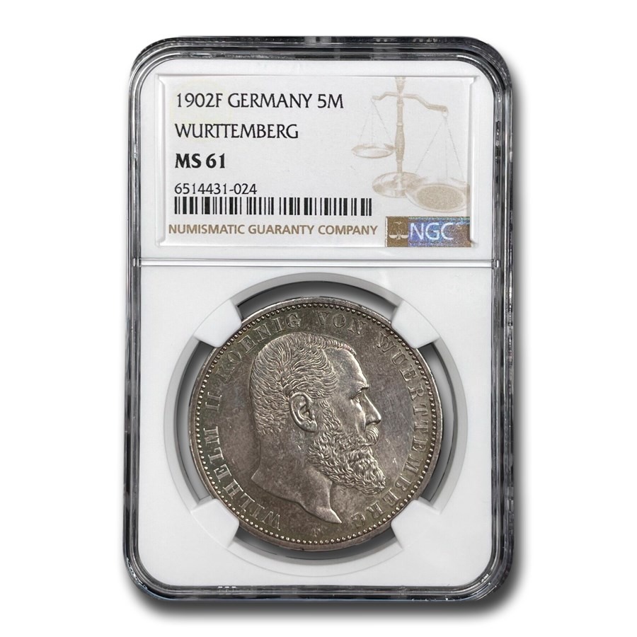 1902-F Germany Silver 5 Mark Wilhelm II MS-61 NGC (Wurttemberg)