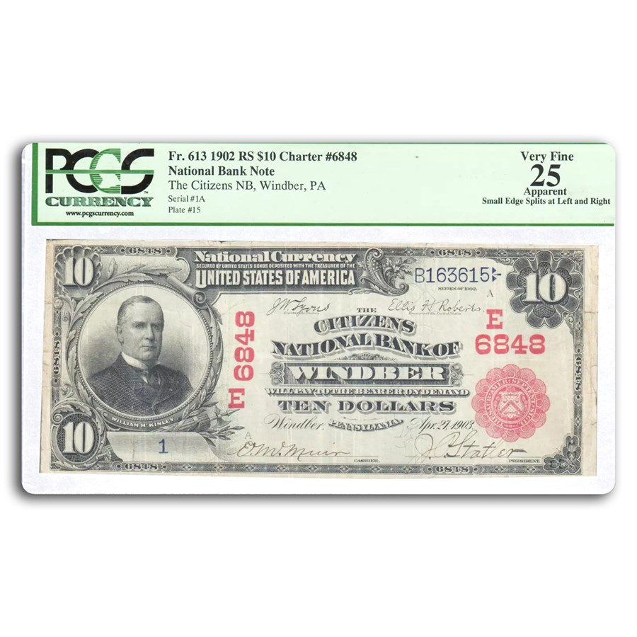 1902 Red Seal $10 Windber, PA VF-25 PCGS (Fr#613) CH#6848 Apparen