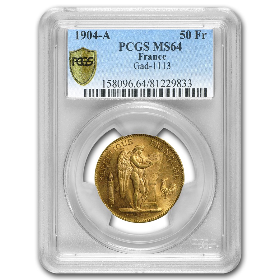 1904-A France Gold 50 Francs Angel MS-64 PCGS