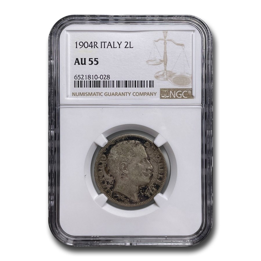 1904-R Italy Silver 2 Lire Emanuele III AU-55 NGC